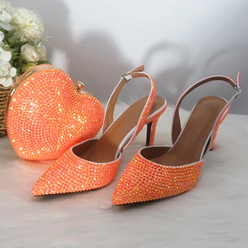 2023 Новое поступление, свадебные туфли и сумочка с острым носком в виде оранжевого сердечка AB, женские вечерние туфли на высоком тонком каблуке, босоножки-лодочки