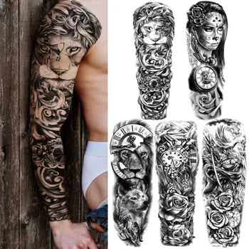 3D Временная татуировка Льва на Рукаве для мужчин и Женщин, Компас для взрослых, Поддельные Цветочные Татуировки, Наклейка, Татуировка Черного Воина, Розы, принадлежности для рук,