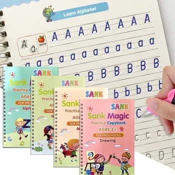 4 Книги + Ручка Magic Practice Book Бесплатная Протирающая Детская Игрушка Наклейка Для Письма Английская Тетрадь Для Каллиграфии Игрушки Монтессори