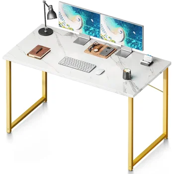 48-дюймовый Компьютерный Стол Coleshome, Современный Простой Письменный Стол для Домашнего Офиса, Письменный Стол для Студентов, Белый Мрамор и Золотая Ножка