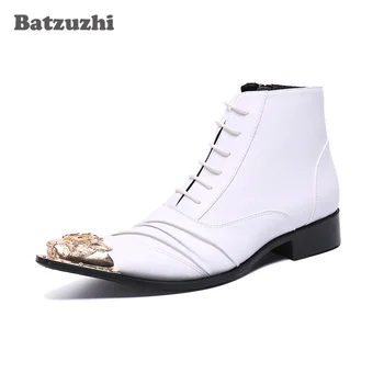 Batzuzhi/ Белые Свадебные Модельные ботинки на шнуровке; Модные Мужские ботинки С Золотым Железным носком; Ботильоны Из натуральной кожи в деловом стиле; botas hombre, 12