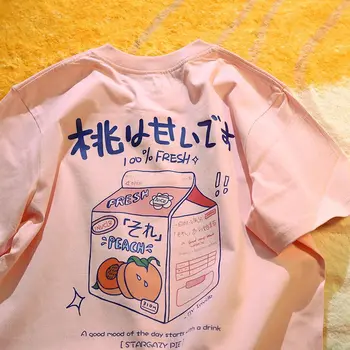 Harajuku Аниме Y2K Peach Fruit Милые мультяшные футболки в стиле хип-хоп, хлопковая футболка с коротким рукавом, мужские и женские Свободные повседневные летние топы Kawaii