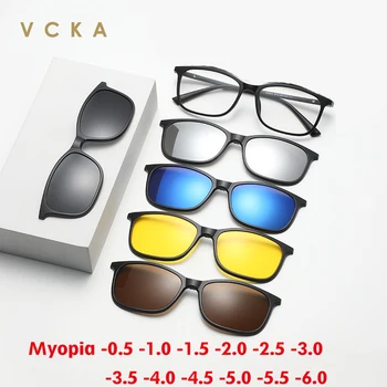 VCKA 6 в 1 Квадратные Солнцезащитные Очки для Близорукости с Магнитным Зажимом Для Женщин И Мужчин, Поляризованные Очки По Рецепту На Заказ, Набор Очков TR90 Eyewear -0.5 ~ -6.0