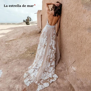 vestido novia boho новое кружевное вышитое пляжное свадебное платье на бретелях трапециевидной формы с хвостом gaun pengantin plus свадебное платье hochzeitskleid