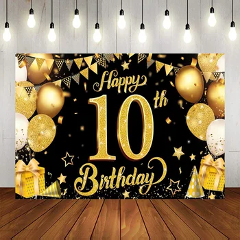 Блестящий Счастливый 10-й День Рождения Баннер Фон Украшения Золотой Воздушный Шар Подарок Фотографический Фон