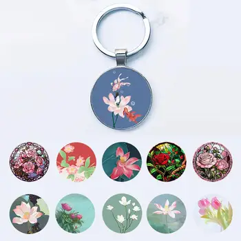 Брелок для ключей со стеклянным куполом из свежих цветов TAFREE, 25 мм, Круглый, с изображением Лотоса, Розы и Лилии, с цветочными рисунками, Женские держатели для ключей для сумочки FKL77