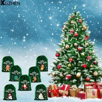 Веселого Рождества, Зеленый пакет для конфет из ворса на шнурке, Подарочная упаковка, Рождественское украшение, Новогодние принадлежности