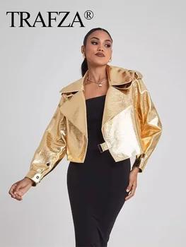 Женская мотоциклетная куртка TRAFZA 2024, пальто из искусственной кожи Lady Gold, Шикарное серебряное элегантное пальто из искусственной кожи со свободным отворотом и длинными рукавами.