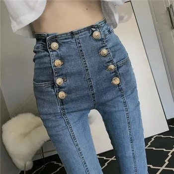 Женские джинсовые брюки с корейскими заклепками и пуговицами 2023, Элегантные узкие брюки-карандаш с высокой талией для девочек