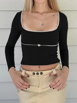 Женские укороченные топы Y2k с длинным рукавом и квадратным вырезом, облегающая футболка с кружевной отделкой, рубашка для выхода в свет, эстетичная одежда