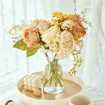 Искусственный цветок, шелк, Пион, Белый Поддельный Букет из обожженных роз для свадебного стола, Букеты для вечеринок в стиле Бохо, Домашний декор своими руками
