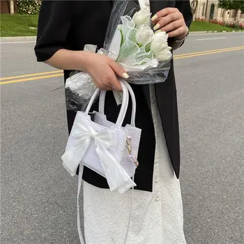 Корея 2023, летняя мини-квадратная сумка с милым бантом, женская сумочка, однотонная сумка через плечо с цепочкой из крокодиловой кожи, модный кошелек Ins