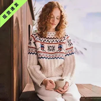 Лыжный свитер для женщин, пуловеры с медведем, ретро-зимние белые джемперы оверсайз опрятной вязки свитер