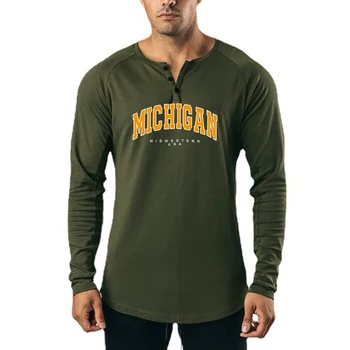 Мичиган, Средний Запад, США, Весенняя хлопковая повседневная футболка с длинным рукавом, мужская приталенная спортивная футболка, мужская уличная одежда в стиле хип-хоп