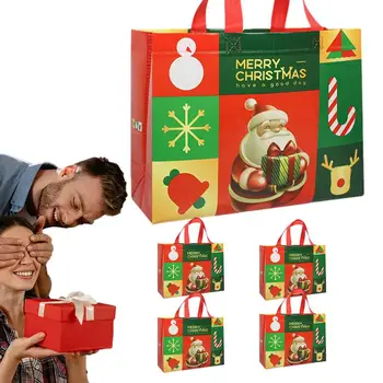 Многоразовые пакеты для рождественских подарков, 5 шт., нетканые сумки-тоут с ручками, многоразовые и портативные пакеты для рождественских угощений, праздничные покупки