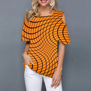 Модная летняя женская футболка с круглым вырезом и коротким рукавом, пуловер в клетку с 3D сетчатым принтом, повседневный трендовый женский топ
