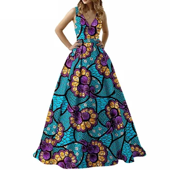 Модные африканские платья для женщин, без рукавов, с V-образным вырезом, с высокой талией, Элегантное модное платье Макси, вечернее платье в Анкаре, с цветочным рисунком