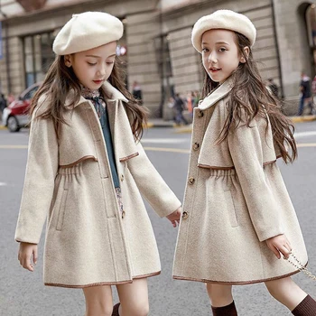 Модные Зимние шерстяные пальто для девочек 2023, Новая утепленная теплая верхняя одежда, Детская одежда, Ветрозащитные Шерстяные куртки, длинные пальто для девочек-подростков