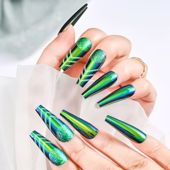 Нажимайте на ногти -120шт Хромированные накладные ногти с эффектом волшебного зеркала, зеленые, фиолетовые, в стиле металлик, панк, длинный гроб, Многоразовая одежда, накладные ногти