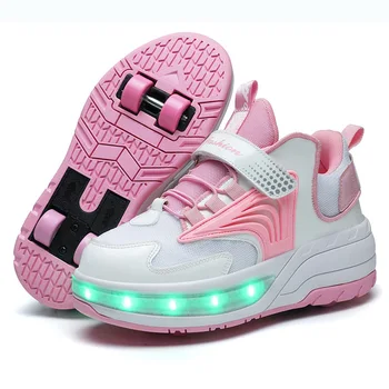 Новая Розовая USB-зарядка, Модная обувь для девочек и мальчиков со светодиодной подсветкой, Обувь для роликовых коньков Для детей, Детские Кроссовки с колесами, Четыре колеса