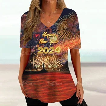 Новогодняя модная женская одежда, повседневная одежда оверсайз, пуловеры с V-образным вырезом, футболки с короткими рукавами, Великолепные футболки 2024, топы