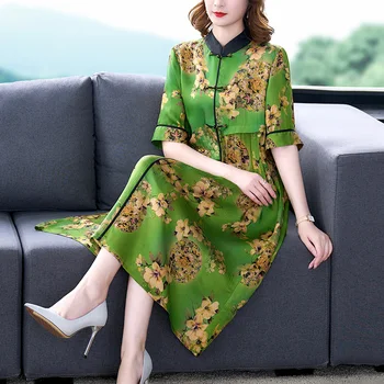 Платье 2023 летнее новое китайское винтажное платье на пуговицах шелковая юбка с шелковым темпераментом