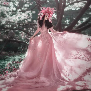 Пыльно-Розовое платье для Фотосессий Розовое 3D Кружевное Платье Ручной Росписи Тюлевое платье С Очень Длинным шлейфом Вечерние платья С Цветочным принтом