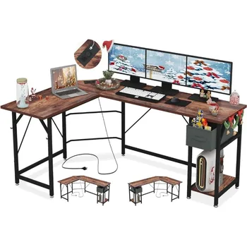 Реверсивный L-образный Письменный стол, 66-дюймовый Игровой стол с Розетками Угловой Компьютерный стол с Выдвижными ящиками Большой Письменный стол для учебы