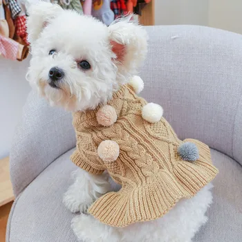 Рождественские Свитера для маленьких собак, теплые свитера с шариками для девочек, юбка, Теплое платье принцессы для собак, одежда для такс, Чихуахуа, корги