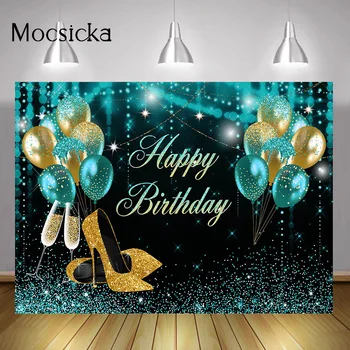 Синий фон Боке для взрослых с Днем Рождения, блестящие воздушные шары, баннер для вечеринки по случаю Дня рождения, фон для фотографий на высоких каблуках черного цвета