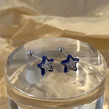 Трендовые мини-серьги-гвоздики с пентаграммой в виде звезды с синим кристаллом для женщин, классные Милые эстетичные серьги, модные ювелирные изделия Y2k