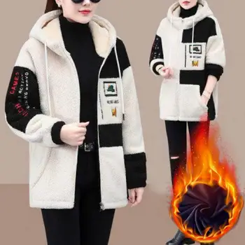 Удобная женская куртка, уютная куртка с капюшоном в цвет блока, стильное зимнее пальто с плюшевой вышивкой для женщин, женская верхняя одежда
