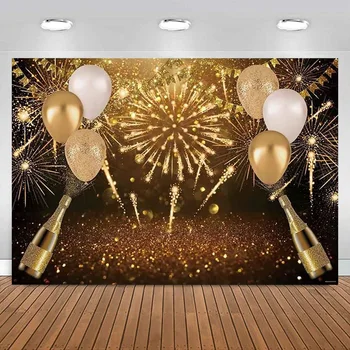 Фон для фотосъемки с Днем Рождения Черные Золотые воздушные шары Фон для выпускного вечера Новогодняя Праздничная Вечеринка Украшение баннера Шампанское