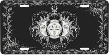 Художественное Солнце и Луна Горящая Звезда Солнца Черный Белый Мистический Алюминиевый Номерной Знак Декоративная Металлическая Крышка Переднего Номерного Знака Автомобиля