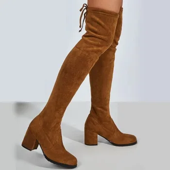 Эластичные сапоги до колена, женские ботинки на платформе на толстом каблуке в британском стиле, носки-слипоны с круглым носком, ботас, Обувь больших размеров 41, 42, 43
